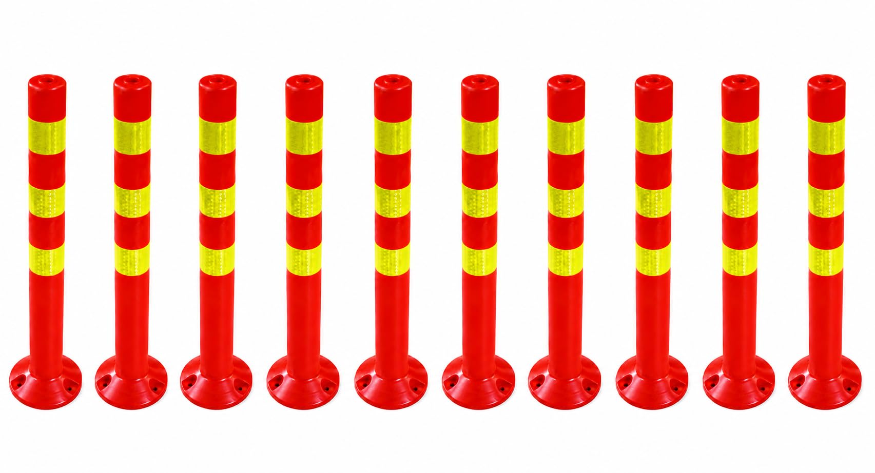 Juego de 10 postes de plástico – Altura 72,5 cm de bloqueo reflectante para almacén, aparcamiento con soporte, fijación con tornillos – Soporte de barrera – Parque postes guía bolardos