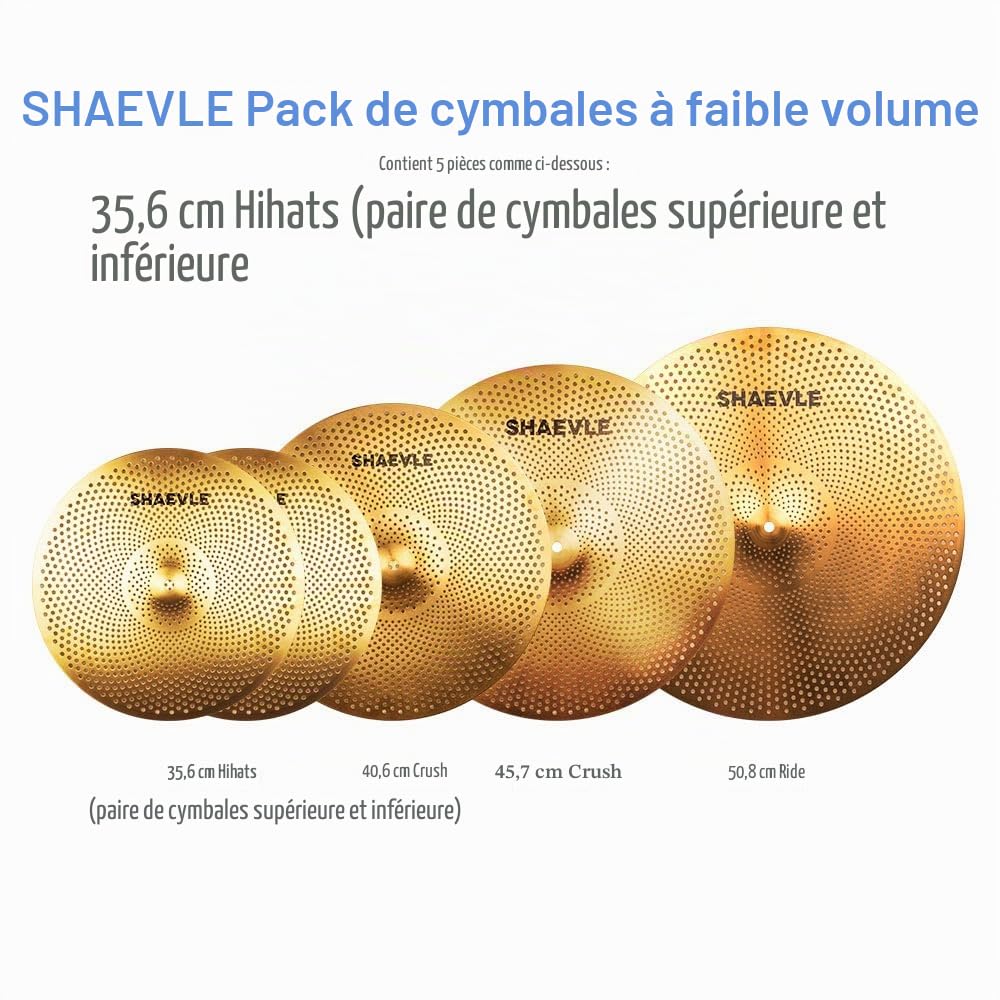 Cymbales à faible volume, pack de cymbales Golden Mute 14" Hi-hat/16" Crash/18" Crash/20" Ride, pack de cymbales silencieuses pour l'entraînement