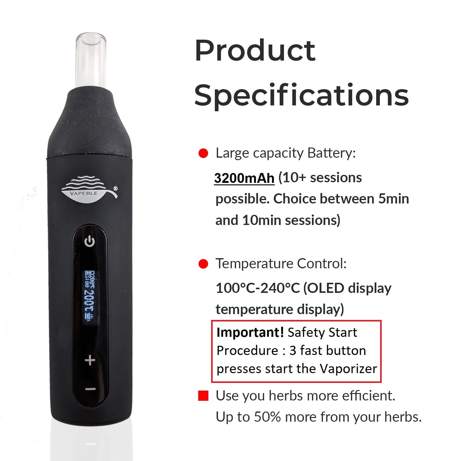Vaporizzatore Pen Vapeble Nebel Vaporizer con bocchino in vetro display OLED e controllo continuo della temperatura Evaporator rende super Vape per erbe infestanti ed erbe aromatiche