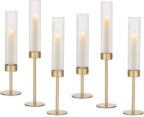Hewory Portavelas de Oro Hurricane: Juego de 6 Portavelas de Latón Altos para Velas Cónicas para Candelabros, Soportes para Velas Decoración para
