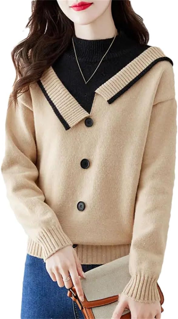 Women's Fake Two Pieces Pullover Sweaters Spring Half High Collar Loose Casual Long Sleeve Knitted Tops