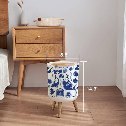 Miniatura 2 de Bote de basura con tapa, lindo garabato náutico, sin costuras, criaturas marinas submarinas sobre blanco y azul, cubierta de prensa, pequeño cubo de