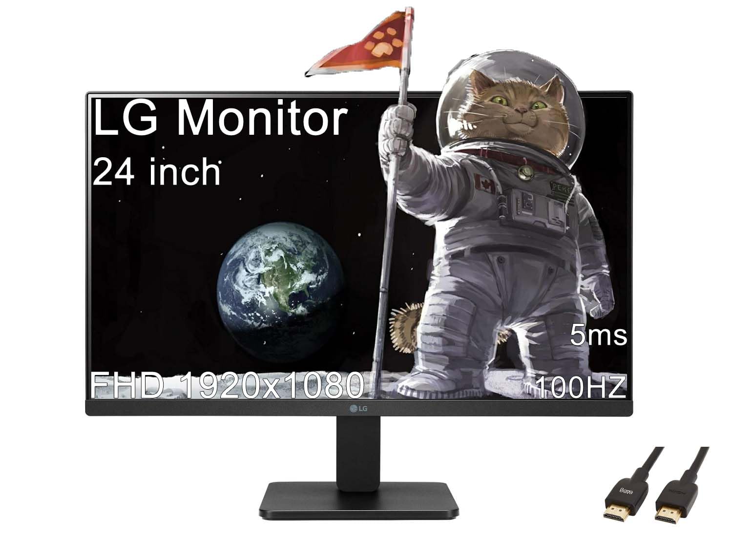 LG 24 inch FHD (1920x1080) Monitor, 100Hz, 5ms, LED Display with sRGB 99% Color Gamut, IPS 3-Side Borderless Display, AMD FreeSync (HDMI), Black, with