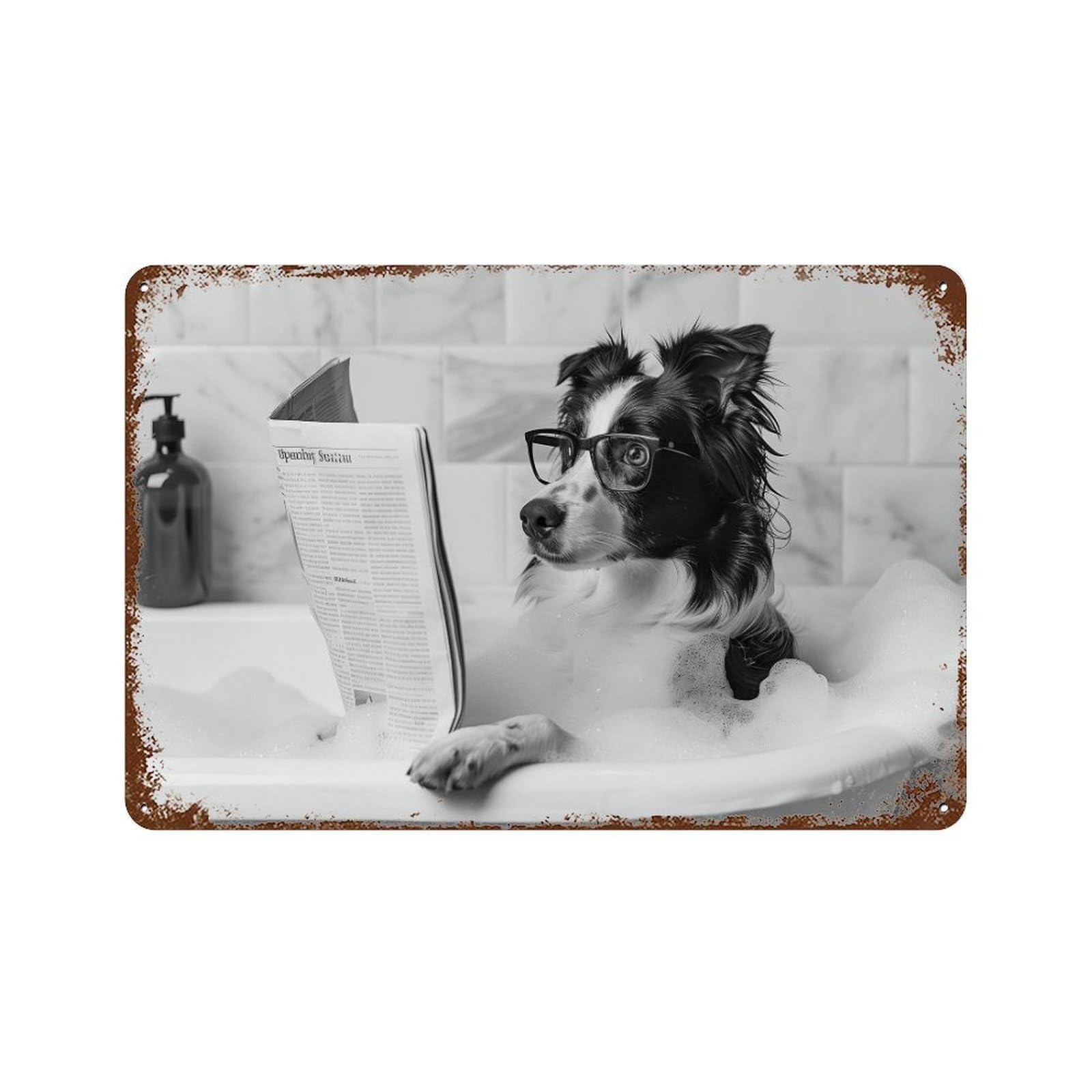 xiaoxiaoshen Border Collie in Bathtub Print Wall Decor Art Metal Tin Poster Modern Home Decor Art Home Bar Shop Decorations Vintage Sign 20x30cm