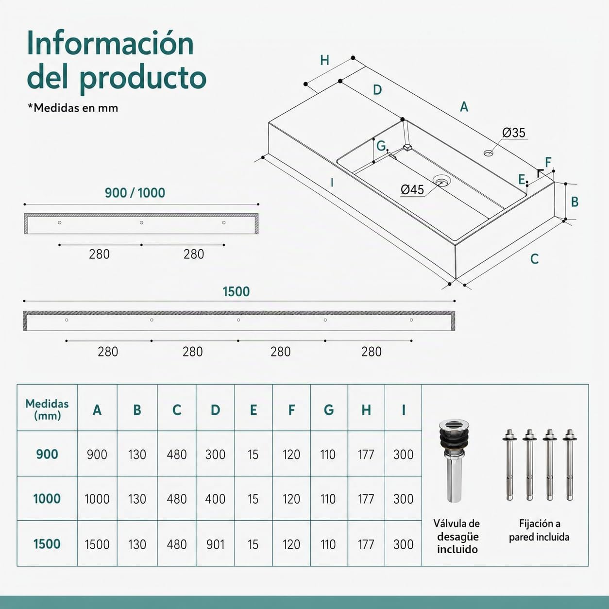 Mai & Mai Lavabo Derecho sobre Encimera 100cm Blanco Col12 | Lavabo Suspendido Mármol Fundido, con Orificio para Grifo y Válvula Desagüe, Conexión Estándar DIN, Tapa de Desagüe Oculta