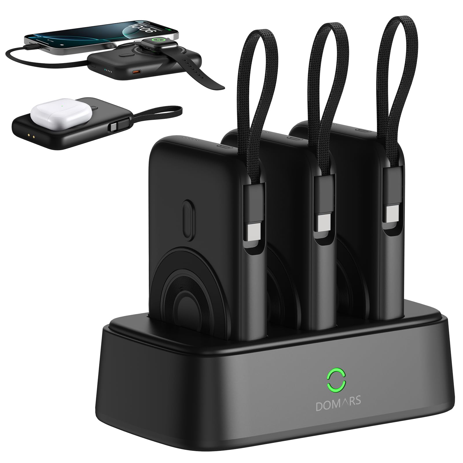 Power Bank Stacja ładująca 10000mAh, 3 porty, 22.5W PD QC Fast Charge, Powerbank z wbudowanymi kablami USB-C/Lightning/Micro, 15W Wireless, do iPhone Samsung Android, podróżny zestaw ładowania