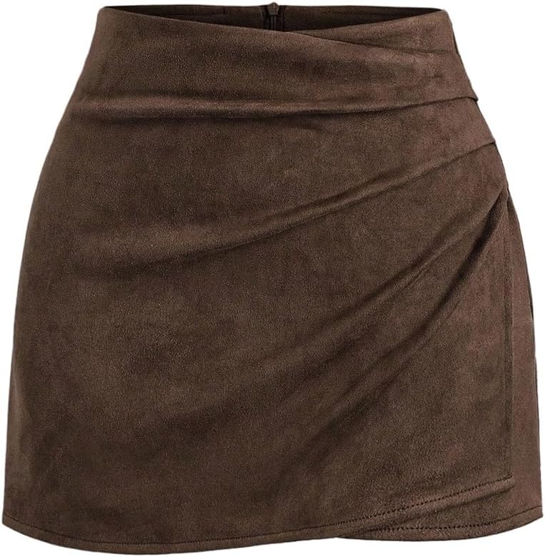 MakeMeChic Women's Suede Skirt Ruched Zip Back Bodycon Vintage Wrap Y2K Short Skirts