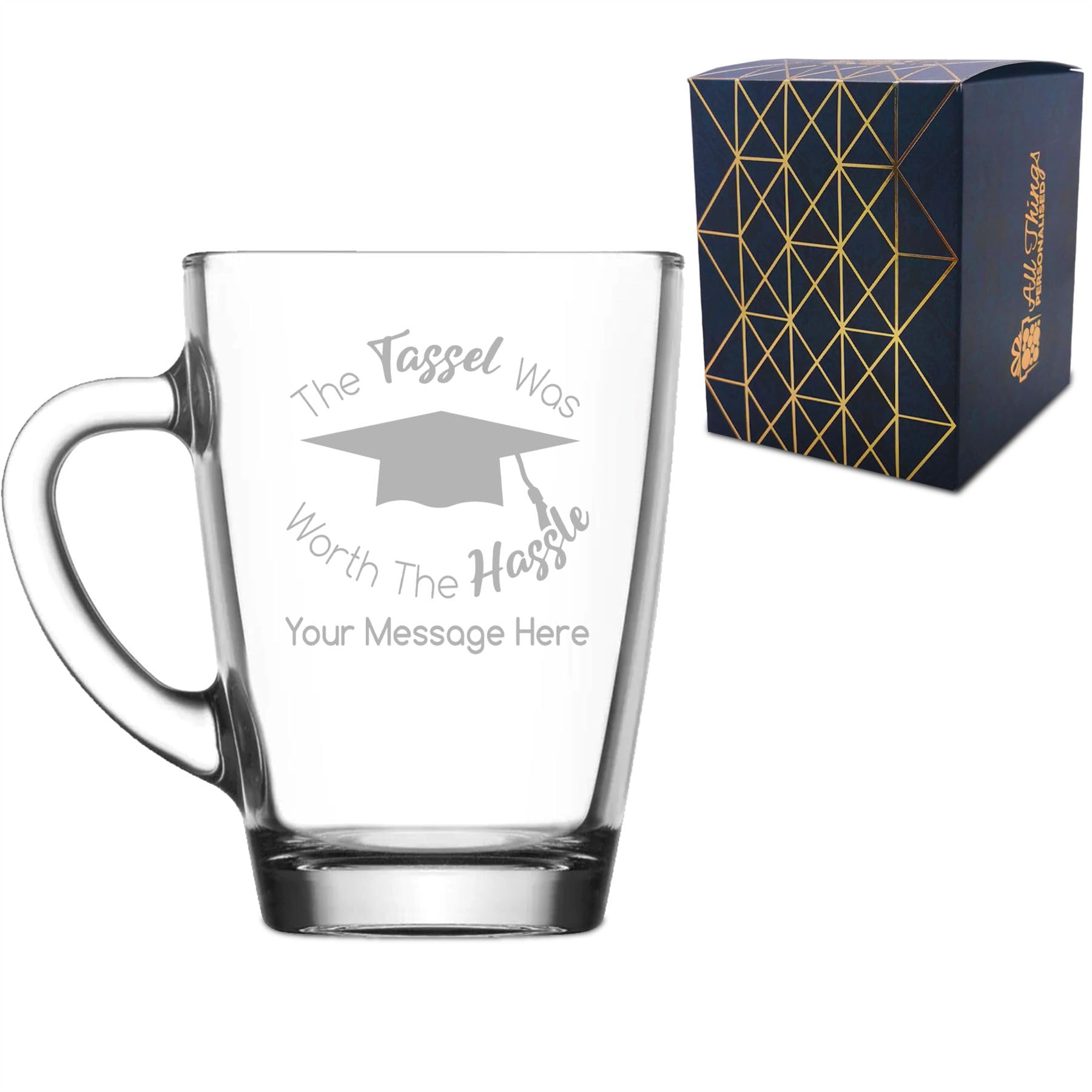 Personalised Engraved Graduation Glass Coffee Cup with 'The Tassel was Worth the Hassle' Design, Personalise with Any Name or Message, Gift Box Included, Laser Engraved, Uni College Graduation Gift