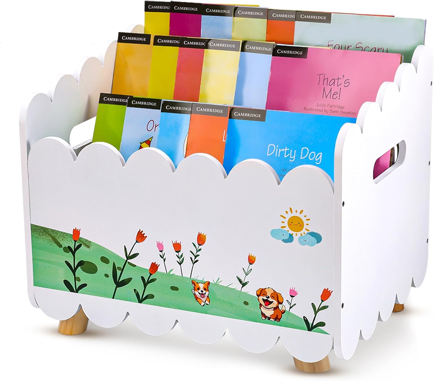 QwayHome Wood Kids Bookshelf, Montessori Bookshelf, Kids Storage Oragnzier with Handles, Toddler Bookcase with 2 Adjustable Dividers for Bedroom,Nursery & Classroom,White