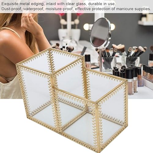 Miniatura 2 de Nail Tools Storage Box, Makeup Brush Organizer with Clear Glass & Metal Edging, Dust Proof, Durable High Low Grid Design