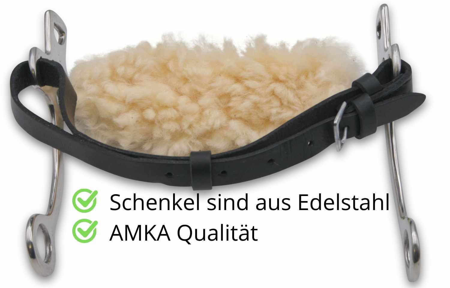 AMKA Hackamore, Fell unterlegter Nasenriemen, Kinnriemen Leder schwarz, Edelstahl Anzüge