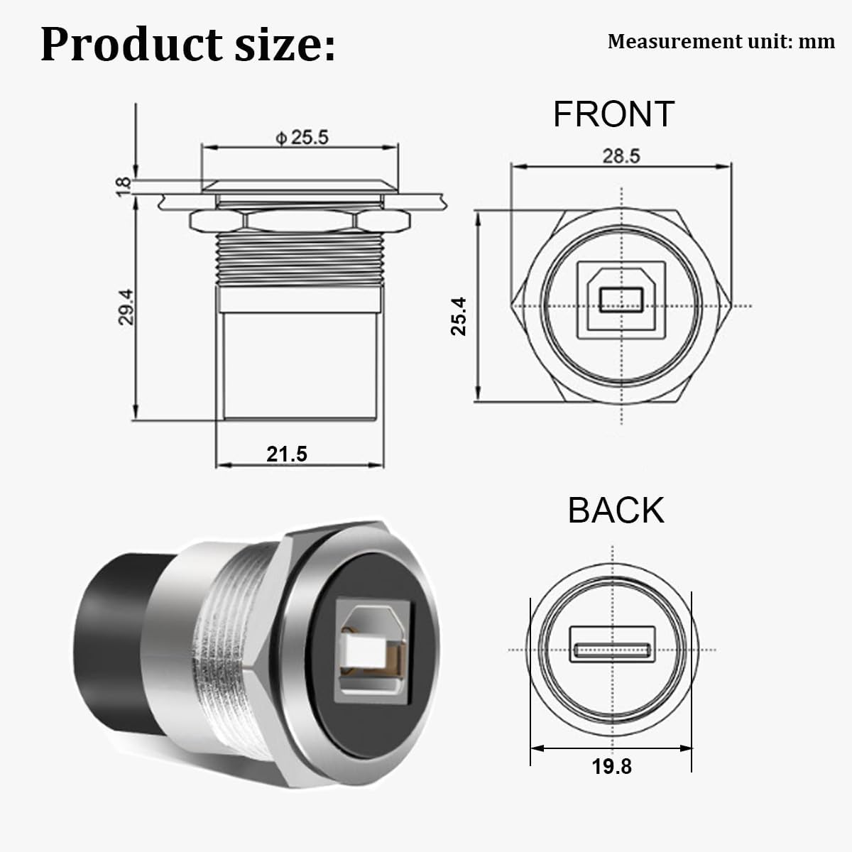 PENGLIN 5PCS USB-B to USB 2.0 Panel Mount Connector, USB Type B Printer Connector to USB2.0 Data Transfer Adapter Converter Compatible with Laptop Computer Printer Scanner Camera