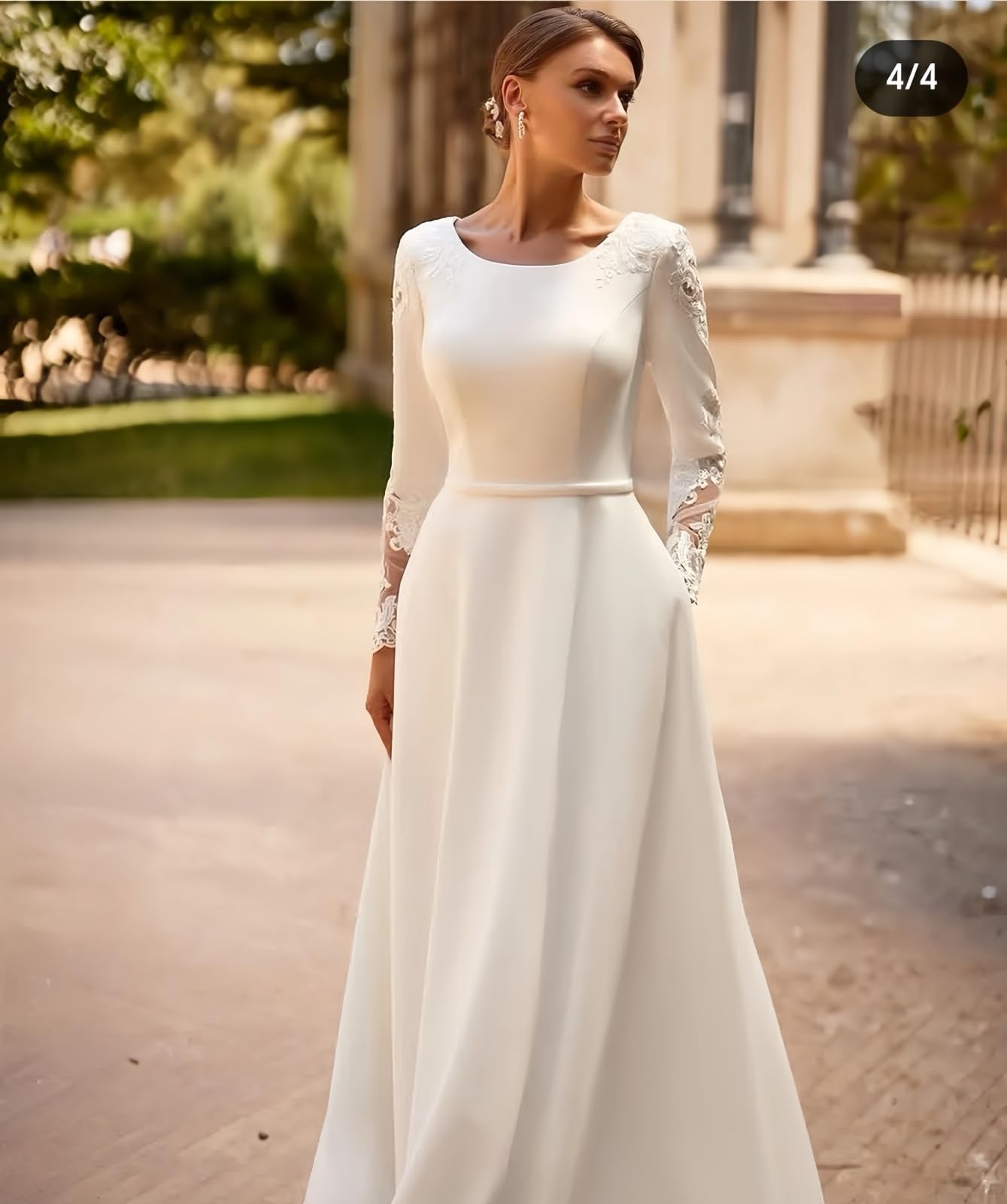 TSxuelian Abiti da sposa a maniche lunghe in raso Applique in pizzo Un abito da sposa linea