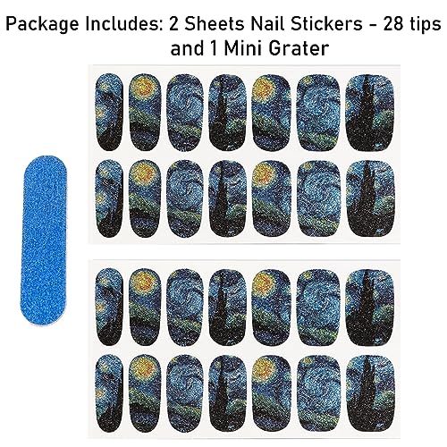 Bluezoo 60-9K23-QO28 3D Van Gogh'S Starry Night Fullnail Stickers, Full Nail Starry Sky Art Gel Nail Polish Sticker Decals, Shimmery Glittery, Long Lasting, Easy To Apply & Remove - 2 Sheets(28 Nail Wraps) And 1 Nail File thumb #6