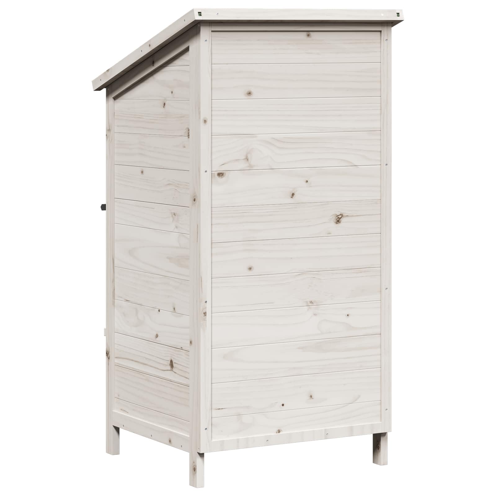Drewniany domek ogrodowy, biały, 59,5 x 56 x 113,5 cm, z materiału drewnopochodnego z drzwiami wentylacyjnymi i nachylonym dachem asfaltowym do przechowywania narzędzi ogrodowych