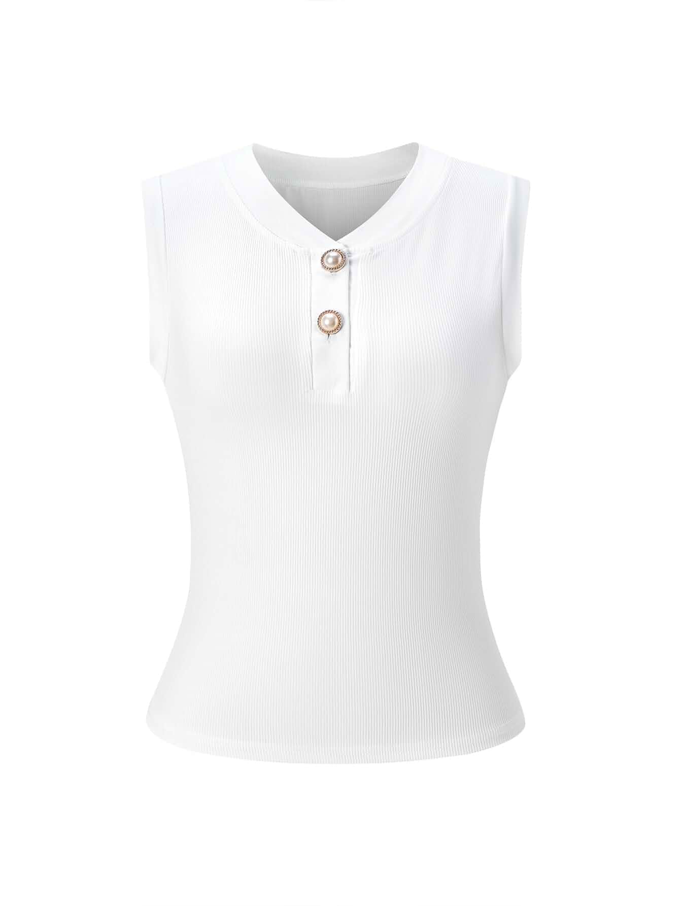 Women's Button Front Crew Neck Sleeveless Ribbed Knit Tank Tops Summer, Dressy, Casual, Fitted, White, Office, Work, Business