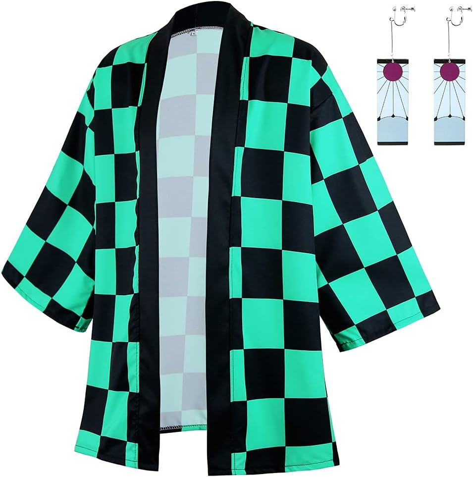 Anime Kamado Tanjirou Robes Cosplay Costume Cardigan Jacket Earrings Set