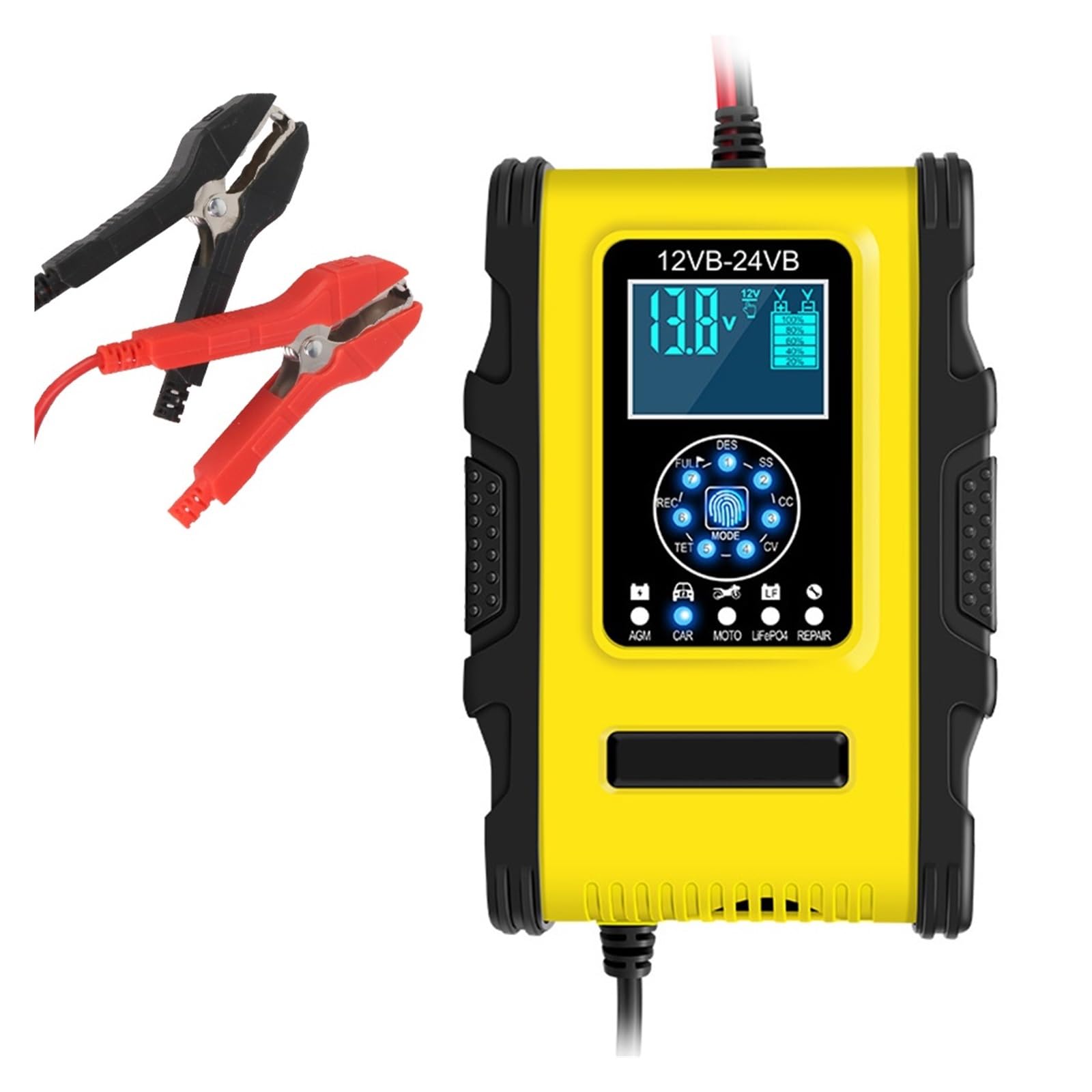Inteligentna Ładowarka Samochodowa Do LiFePo4 Wet Dry Akumulatory Żelowe Kwasowo-ołowiowe Wyświetlacz Cyfrowy 12V/10A 24V/6A Naprawa Impulsów łAtwa W UżYciu(Yellow)