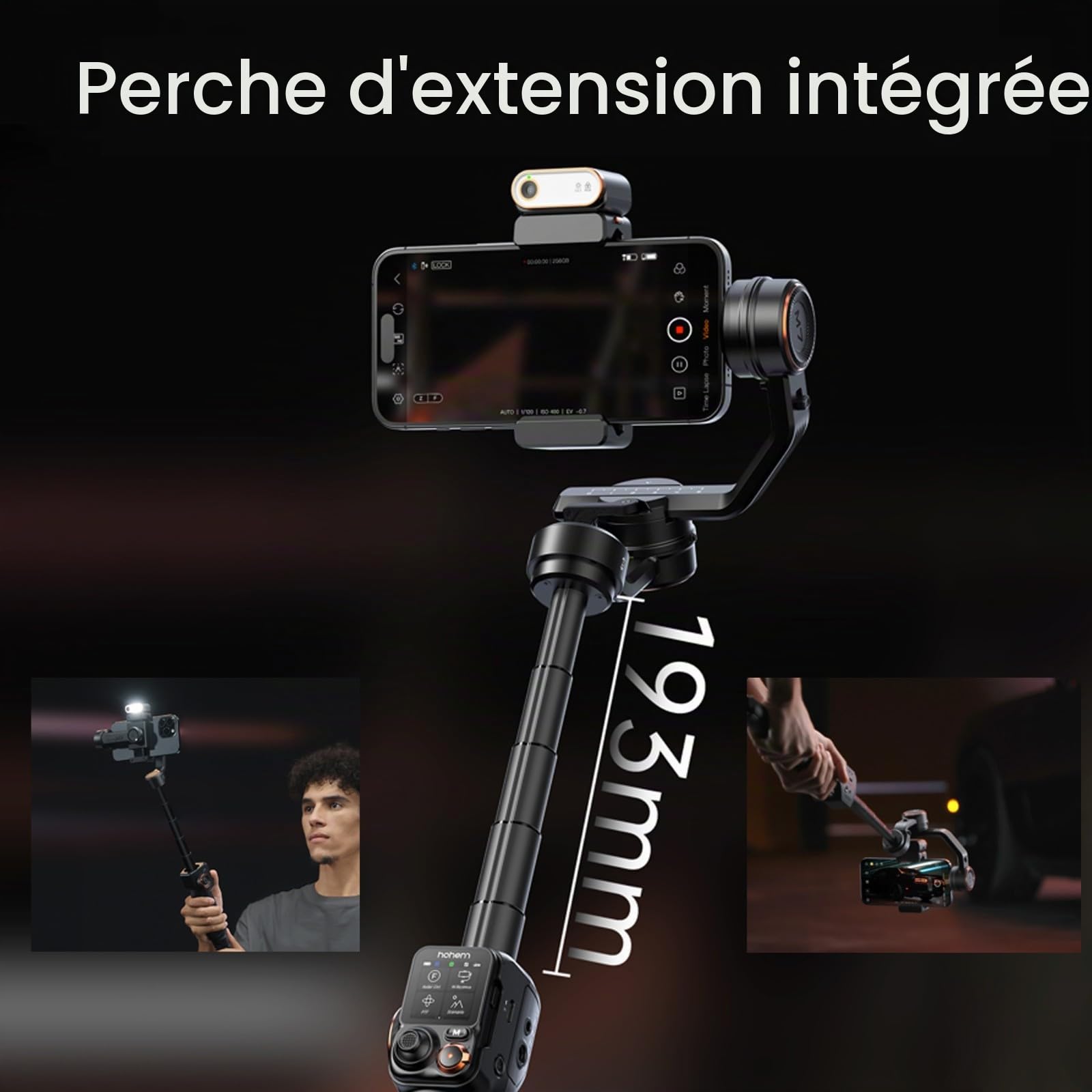 Hohem iSteady M7 Kit Gimbal Stabilisateur pour Smartphone, 3 Axes, Compatible avec iPhone et Android, Inclut une Tige d'Extension de 193 mm et une Lumière de Remplissage Réglable CCT et RVB