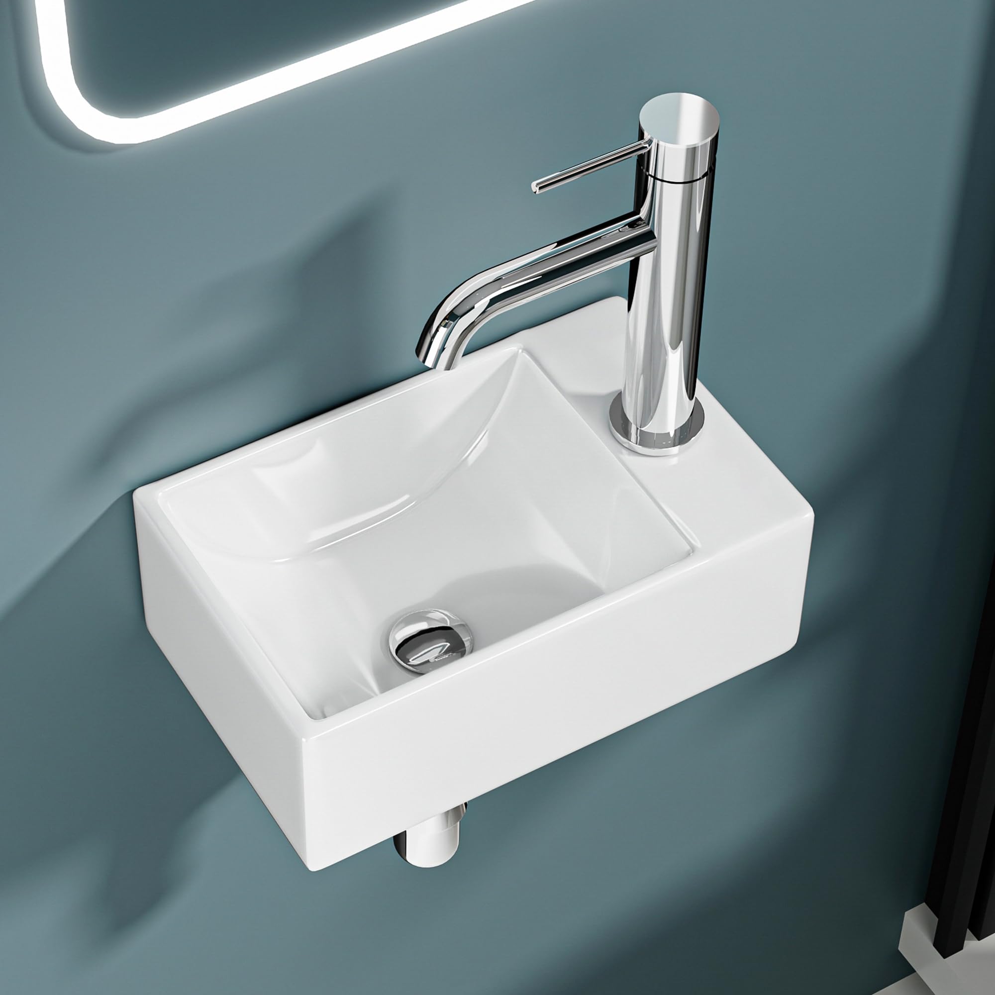 Mini Lave-Mains Ultra Compact Sortie Droite 30x19x11 cm – Vasque en Céramique Blanche Brillante – Idéal pour Toilettes, WC et Très Petits Espaces – Design Épuré et Moderne