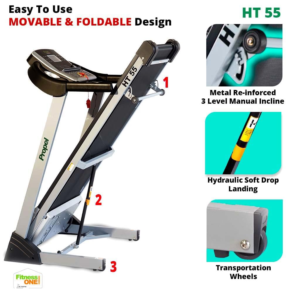 Propel FitnessOne HT55 Treadmill in folded position, showing transportation wheels, hydraulic soft drop landing, and 3-level manual incline mechanism.