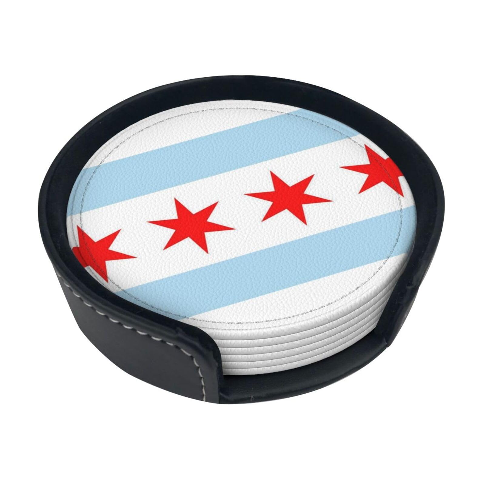 Chicago Flag Leather Coasters-Set of 6 with Storage Holder
