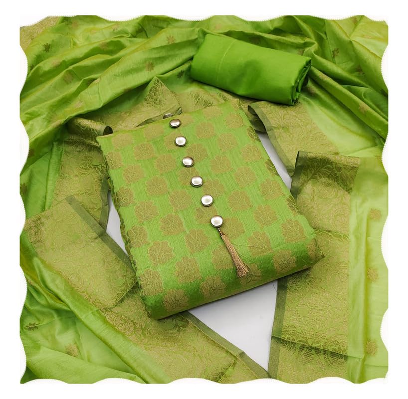 COCFI Banarasi Silk Button and Diamond Work Salwar Suit Dress Material For Women With Unstiched Plain Crape Bottom and Banarasi Silk Duppata.