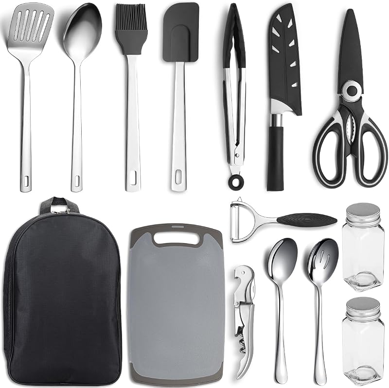 Juego de cocina para acampar, paquete de 15, utensilios de cocina para acampar, suministros para acampar, juego de utensilios de cocina portátiles para acampar, ideal para mochileros, barbacoas, campamentos y viajes de senderismo.