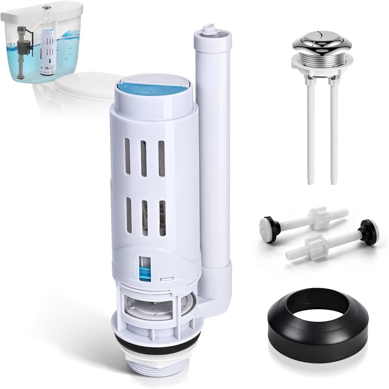 2-Inch Dual Flush Valve Replacement Kit for 2-Piece Toilets, Toilet Repair Kit Inside Tank with Push Button, Gasket & Bolts,Compatible with Glacier Bay, Kohler, American Standard, and Toto