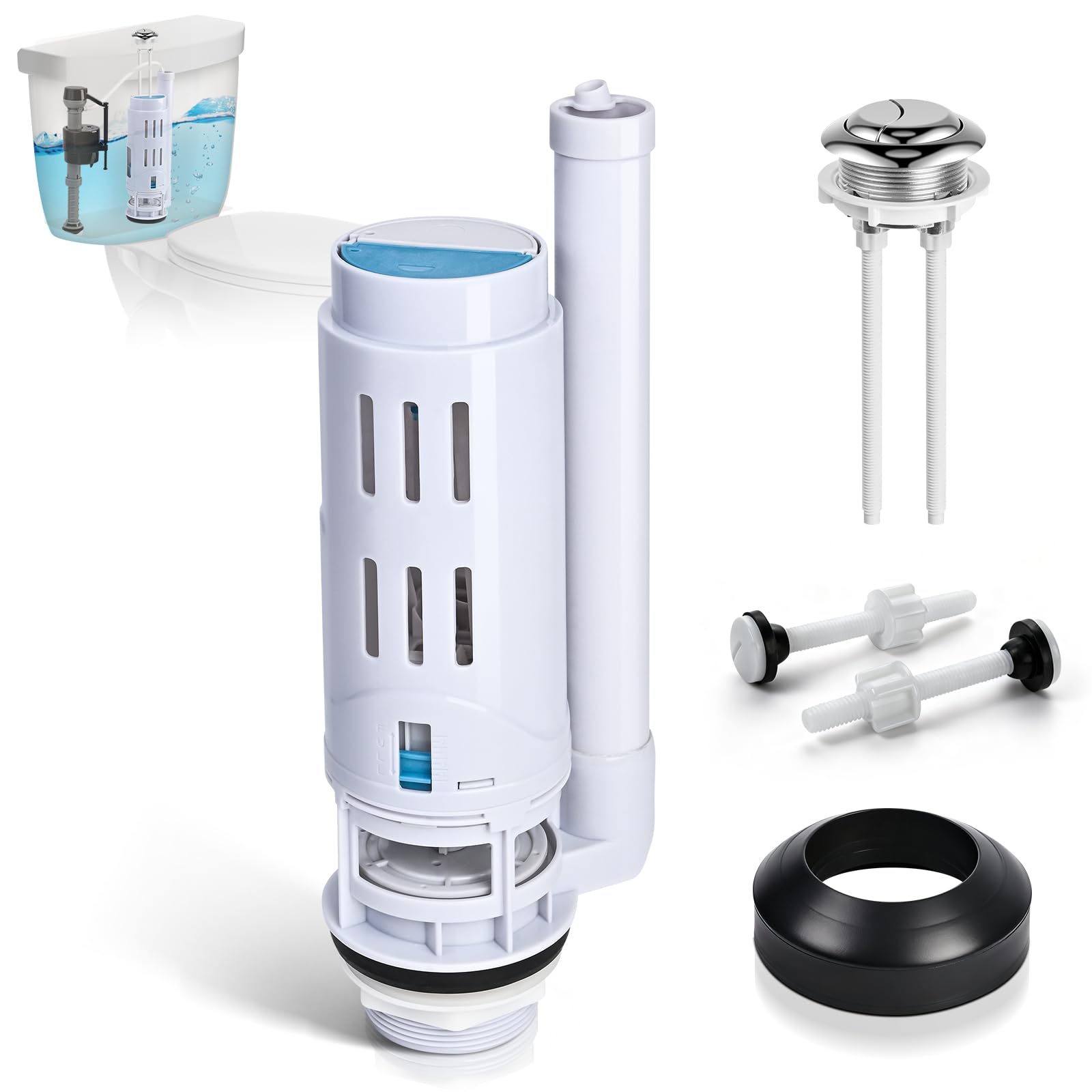 Kit de repuesto de válvula de descarga doble de 2 pulgadas para inodoros de 2 piezas, kit de reparación de inodoro interior del tanque con botón, junta y pernos, compatible con Glacier Bay, Kohler