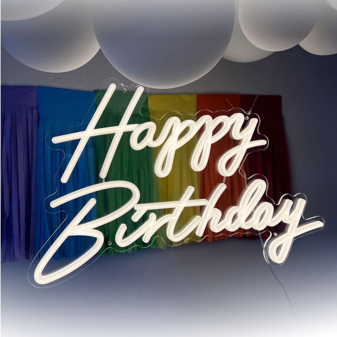 Happy Birthday Sign, Neon Signs Large Size 22.5x14inch Light Up Led Signs for Backdrop with Dimmer Switch 10 Adjustable Brightness Reusable Happy Birthday Neon Sign for Birthday Party (Warm White)