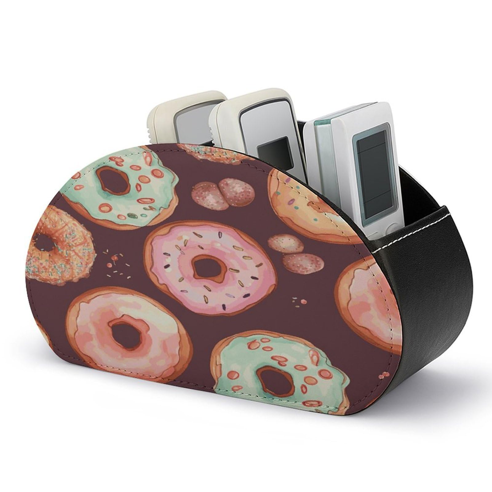 VstaDank Pretty Donuts Remote Control Holder with 5 Compartments PU Leather Remote Caddy Desktop Organizer Store TV Remote Control Storage Box for Home Office Desk Nightstand