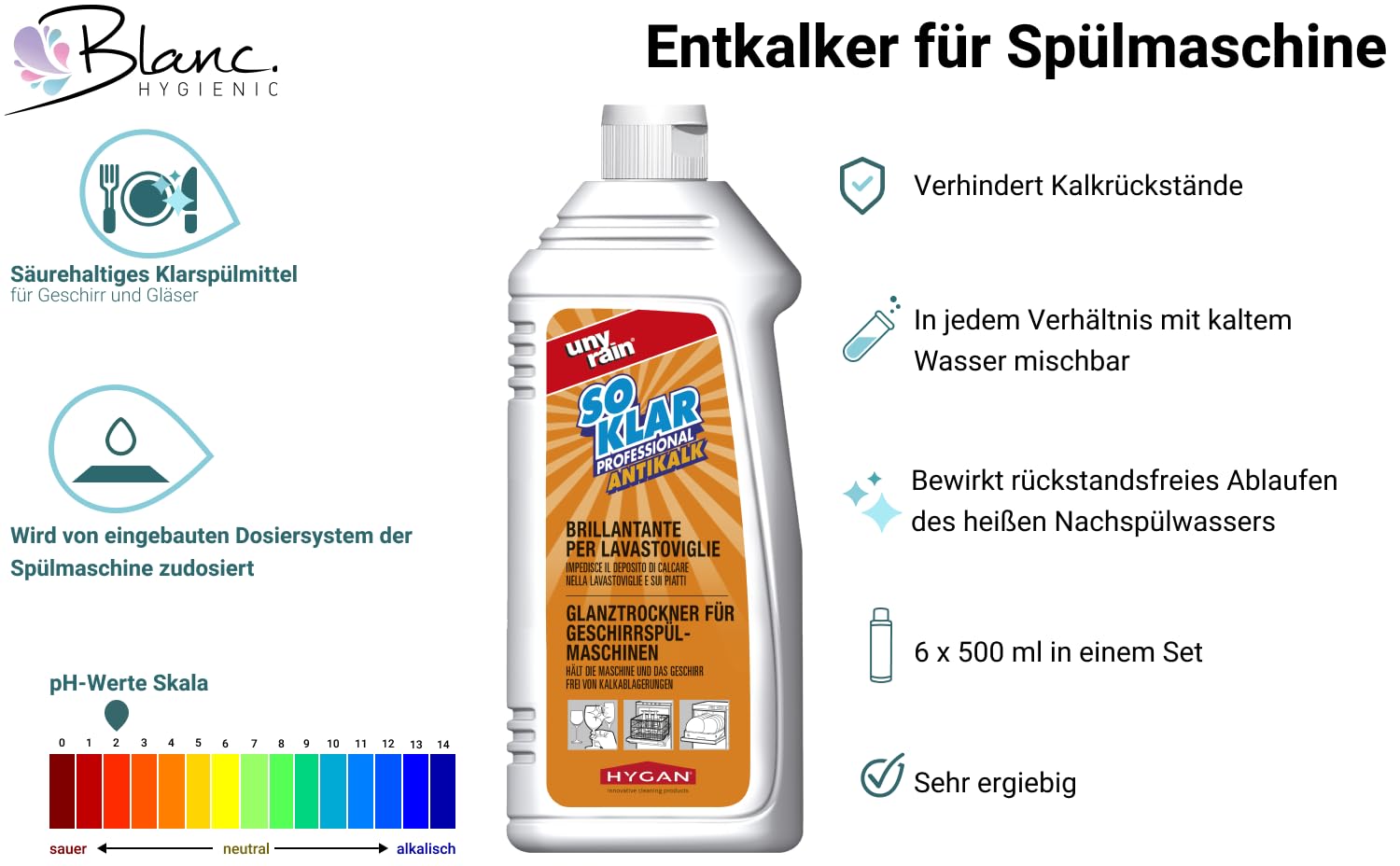 Klarspüler Antikalk 6x500 ml Geschirrspüler | Antikalk-Klarspüler, streifenfreier Glanz, ergiebig, 6x500 ml