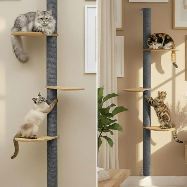 Foto 7 de 8 de eyepower 170 cm Rascador de Pared Luna con 3 Plataformas de Bambú - Árbol para Gatos con Estanteria