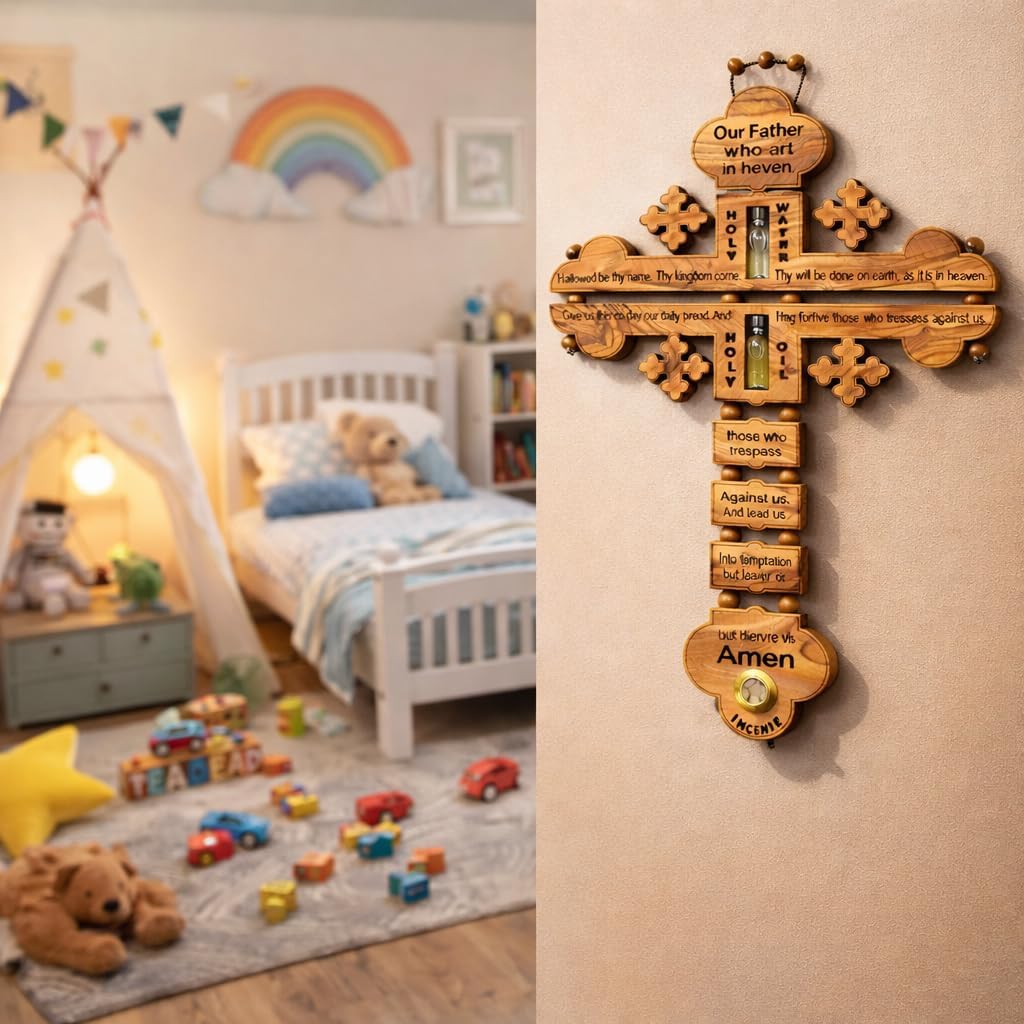 SAINT MICHAEL OLIVE WOOD FROM BETHLEHEM The Lord Prayer Our Father Prayer Wooden Wall Cross - Wall Hanging Religious Décor with The Lord's Prayer Cross, with Holy Water, Holy Oil