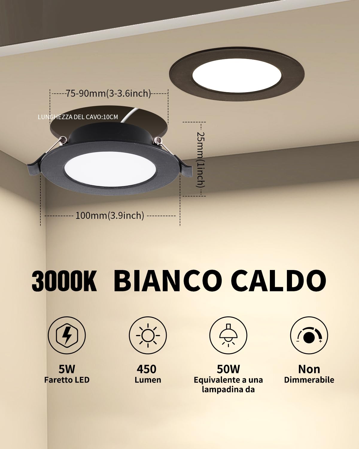20 Pezzi Faretti LED da Incasso per Cartongesso 5W, Faretti da Soffitto, Nero, Bianco Caldo 3000K, Ultra Sottile 25mm, Faretto led incasso IP44 per Bagno Cucina, Foro Ø75-90mm, AC 220-240V