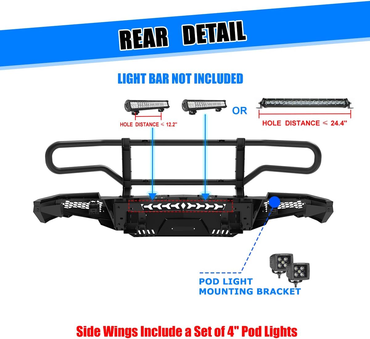 CPW Front Bumper Fit For 2014 2015 Chevy Silverado 1500, Modular Steel Mid-Width Front Bumper & Side Wings & Tall Guard Bull Bar w/D-Ring Shackles & 4'' Pod Lights & Light Bar/Pod Light Bracket