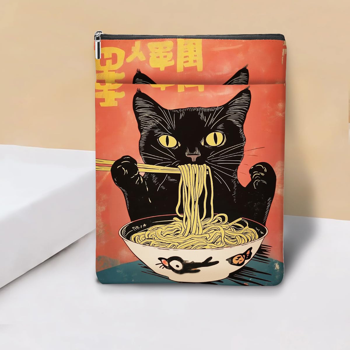 Japanese Kimono Cat Ocean Book Sleeve, Book Lovers Gifts Sleeve with Zipper & Front Pocket, 11.5x8.8 Inch Canvas Books Cover Protector Bookish Cat Lover Gifts for Readers Women Friend Birthday Gift — view 23