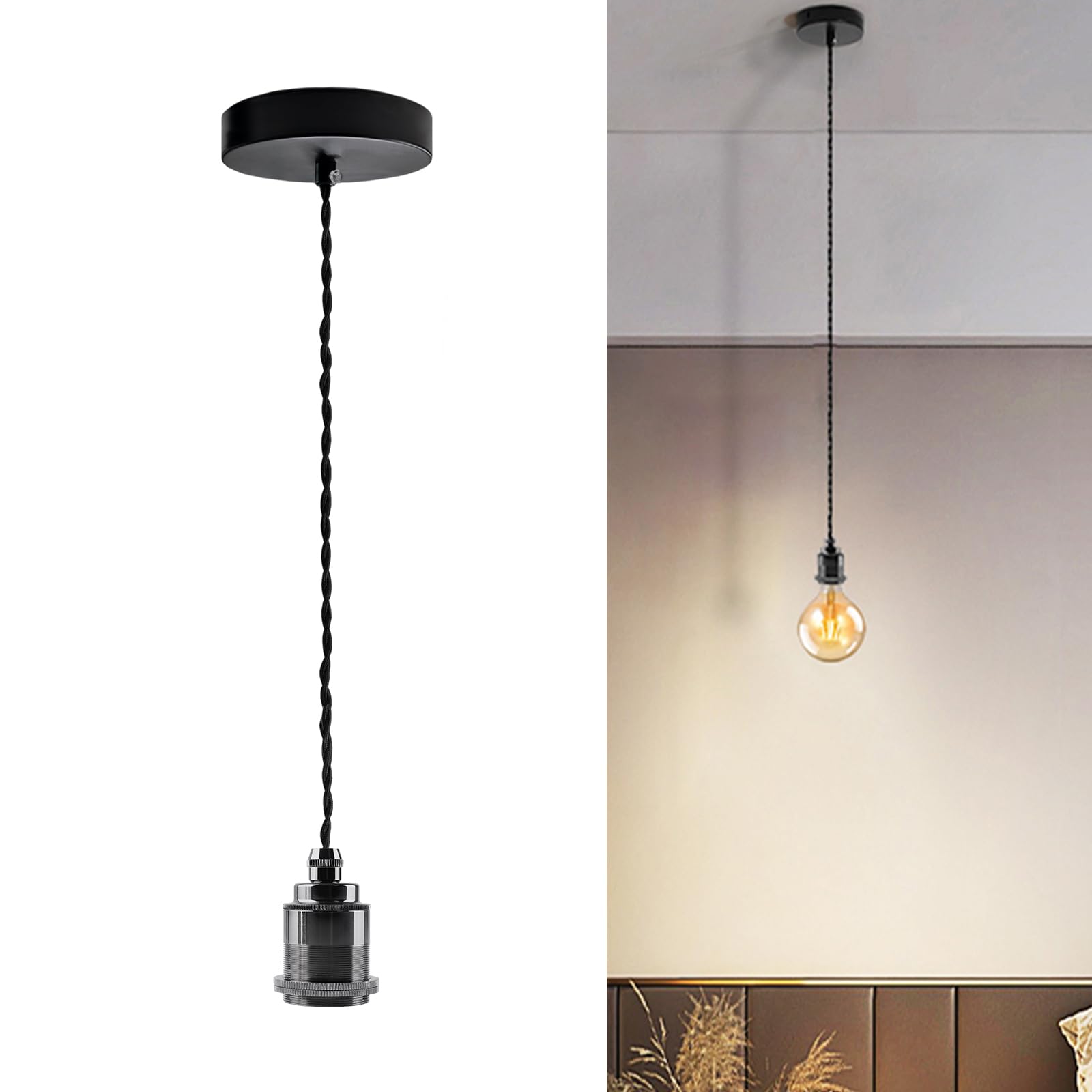 JZCDR Vintage Pendant Light 150 cm Black Textile Cable Metal Pearl Black Lamp Suspension E27 with Screw Ring Ceramic Socket with Cable Height Adjustable Pendant Lamp DIY for Ceilings, No Bulb
