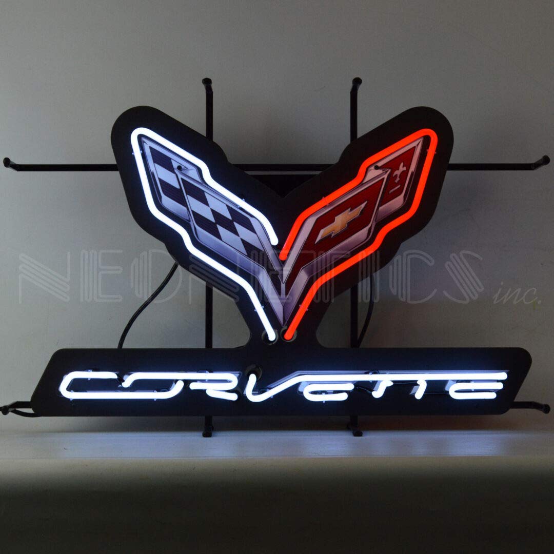 Corvette C7 Neon Sign with Backing, Stingray 2014-Present, Red and White Hand Blown Real Glass Tubes, Measures 30 in Wide by 20 in Tall by 4 in deep β 5C7COR
