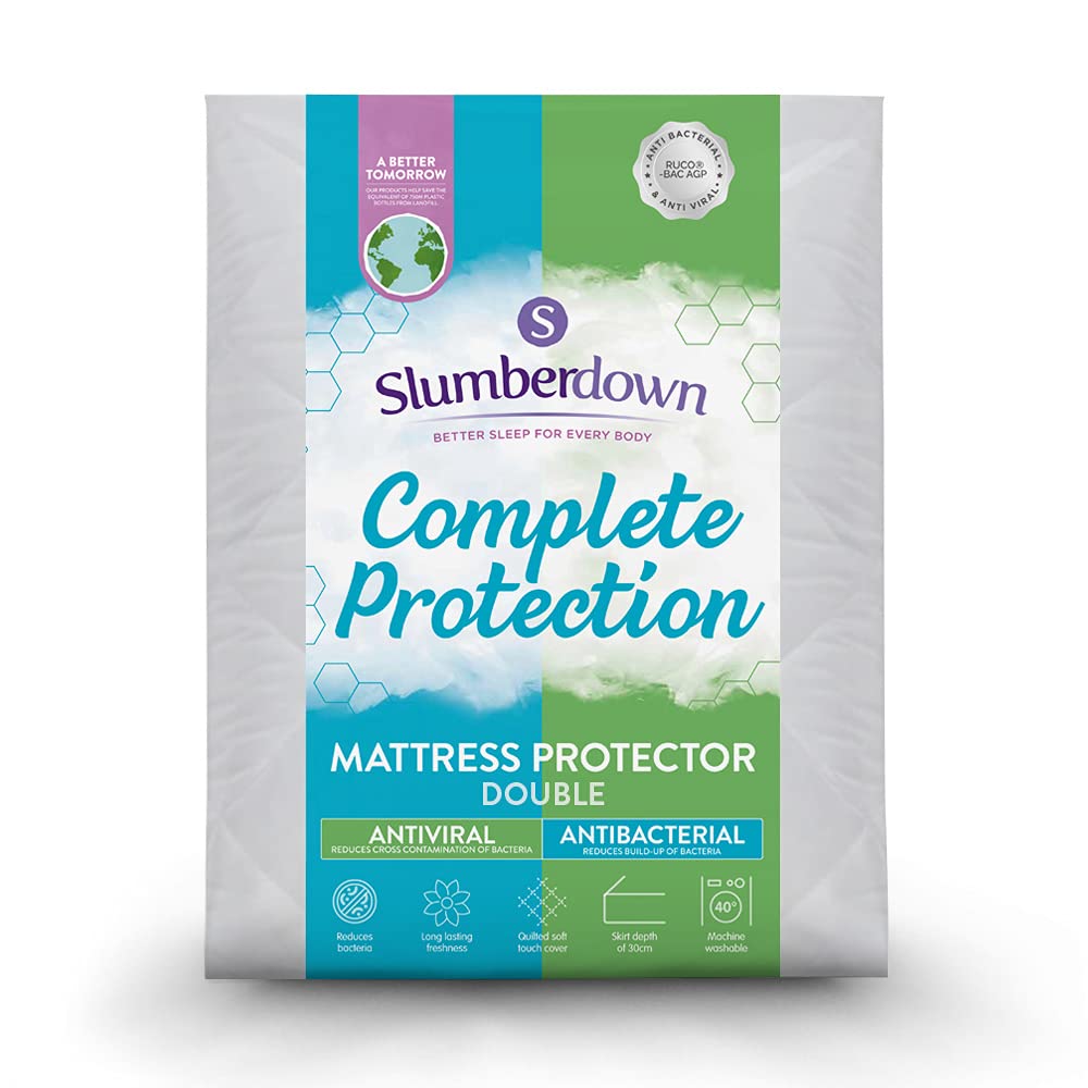 Slumberdown Complete Protection Mattress Protector Double Bed - Antiviral & Antibacterial 30Cm Deep Fitted Mattress Cover | Reduces Bacteria, Non-Allergenic, Washable (135 X 190Cm)
