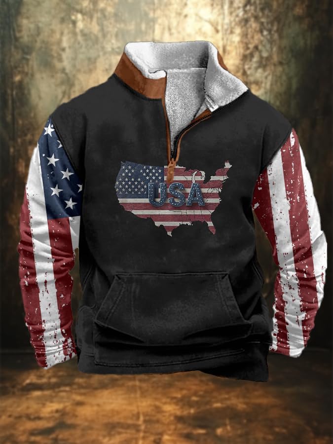 BIVENANT Patriotic Hoodies for Men American Flag Hoodie Fleece Mens Pullover Stand Collar 1/4 Zip Western Sweatshirts