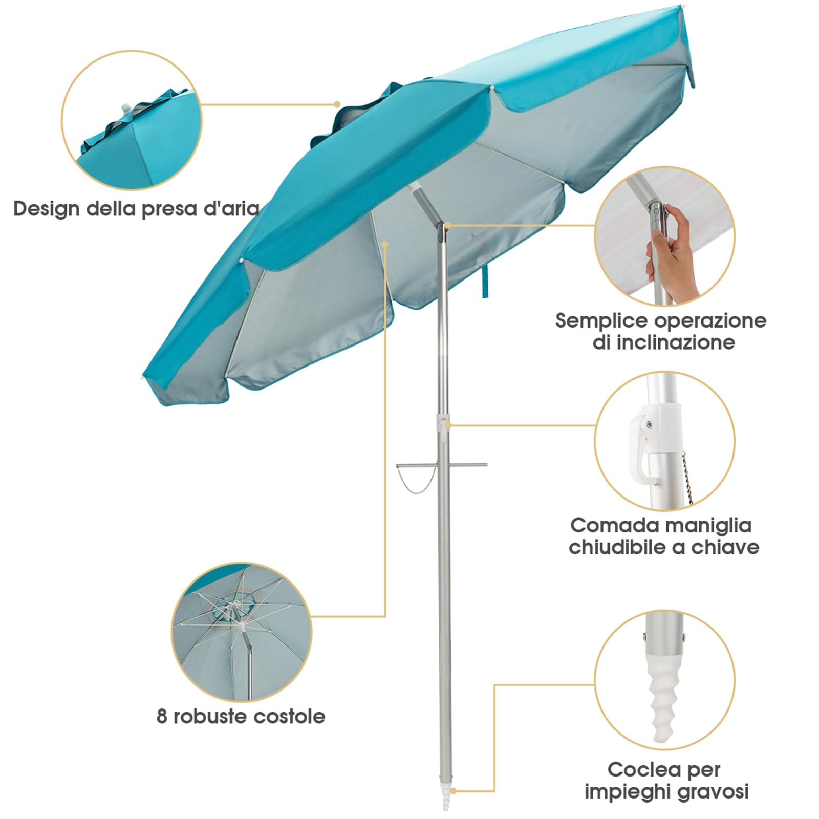 COSTWAY Ombrellone da Spiaggia 198 cm, Parasole Esterno con Palo Inclinabile in Alluminio, Anti UV 50+, 8 Stecche, Blu