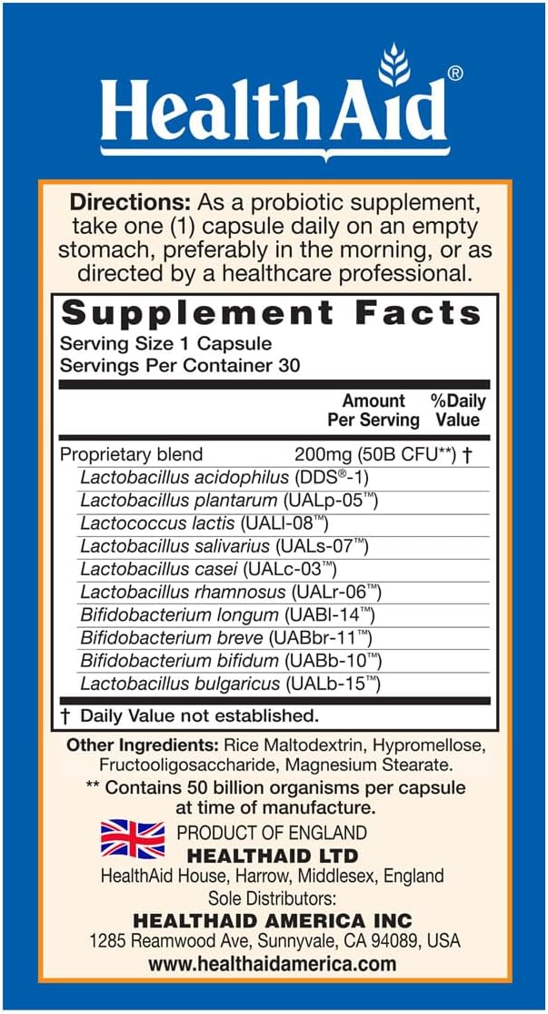 HealthAid ImmuProbio 50 Billion CFU with Prebiotic, 30ct, Once Daily, Acid & Bile Resistant Strains, Vegan