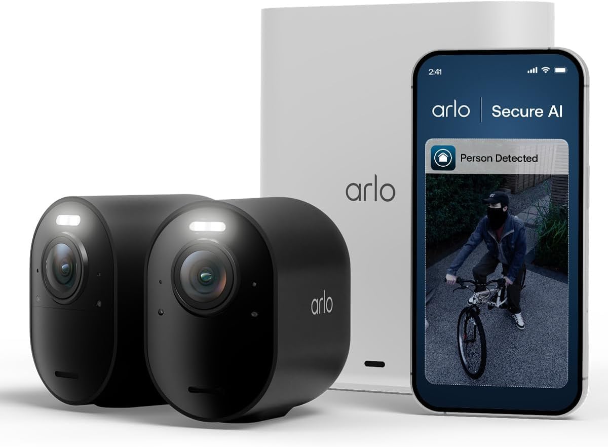 Arlo Ultra 3 4K 2-Kamera-Set schwarz, Überwachungskamera Aussen, kabellos | 180° Überwachungskamera für außen, 4K Ultra HD, KI-Erkennung, Auto-Tracking, Farb-Nachtsicht, Zwei-Wege-Audio, mit SmartHub