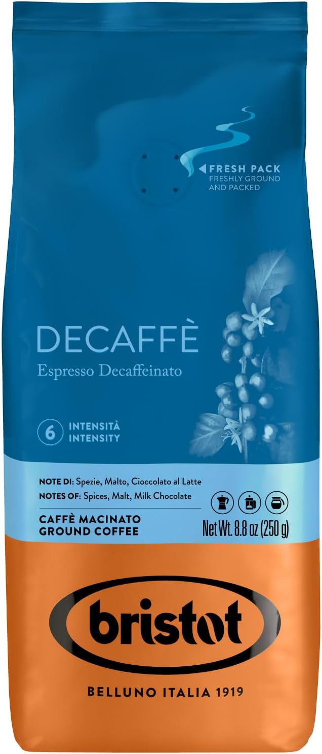 Bristot Decaf Ground Espresso – Medium Roast Italian Coffee – Smooth & Bold Flavor – For Moka, French Press and Filter - 8.8 oz (250g)