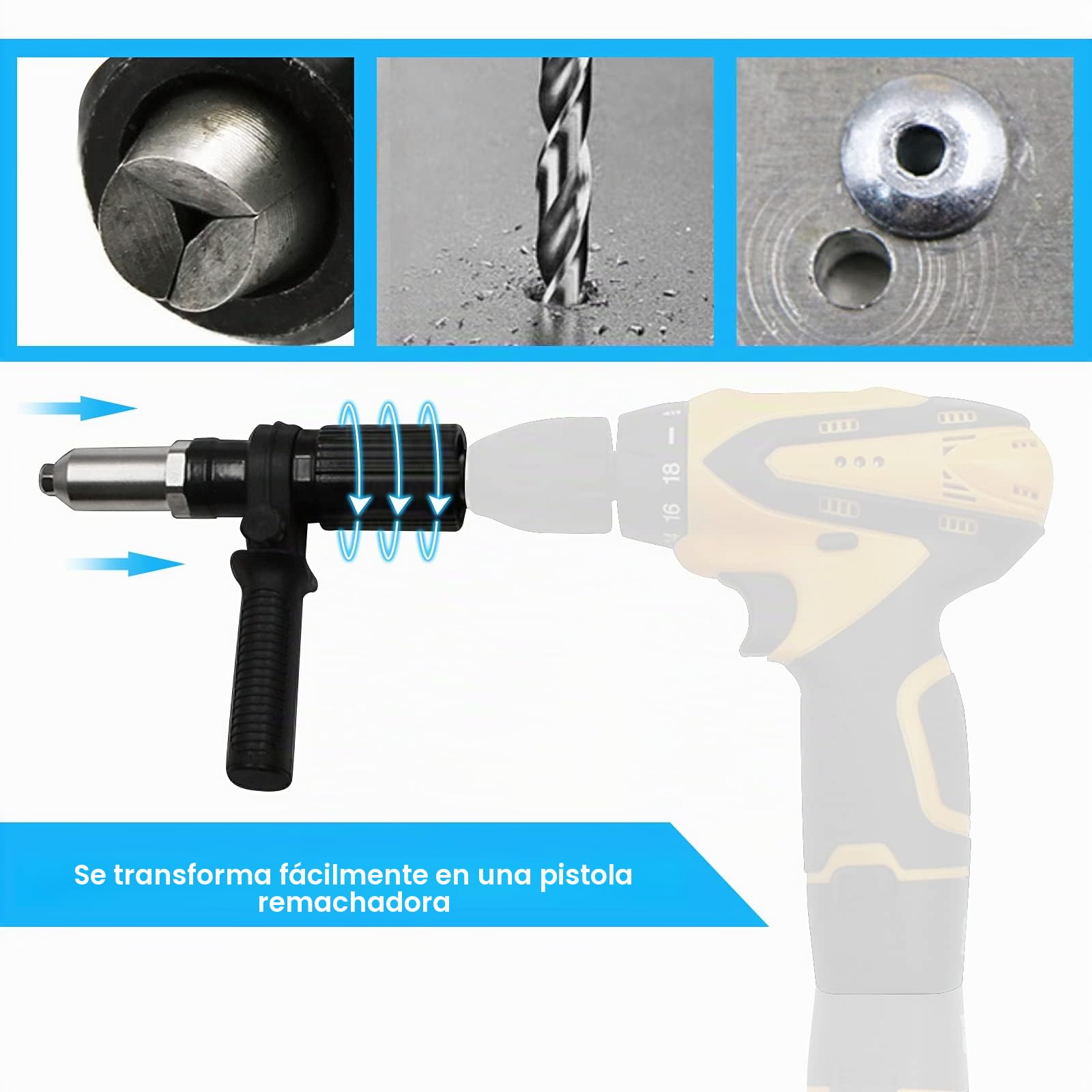 Adaptador de pistola de remachar eléctrico adaptador de taladro para remachar, herramienta de tuerca de inserción de remachadora con cabezal de remache de diámetro 2.4/3.2/4.0/4,8 mm