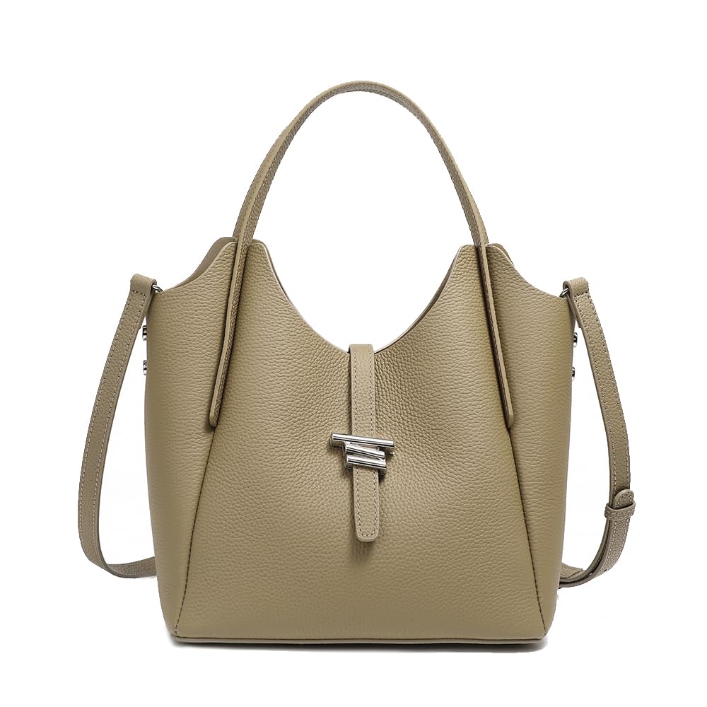 Bolso Cesta Forma de Campana Mujer Cuero Genuino, Bolso de Mano Bombonera Primavera Verano, Bolso Bandolera Moda para Trabajo y Diario Caquí