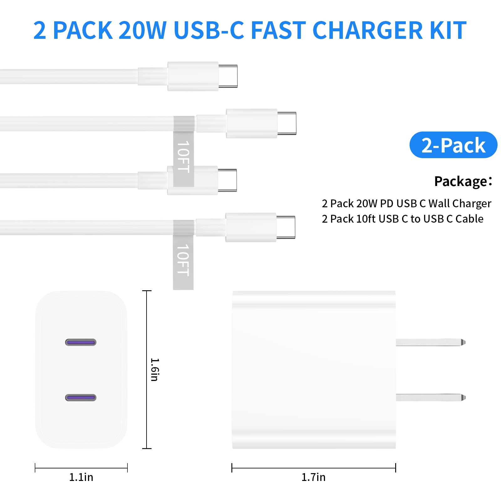 Phone 15/15Pro Max Charger Fast Charging[MFi Certified],2Pack 20W Dual Port USB C Wall Charger Block with 10 FT Long Type C to C Fast Charging Cord for iPhone 15/15Plus/15Pro/15Pro Max,iPad Pro 12.9