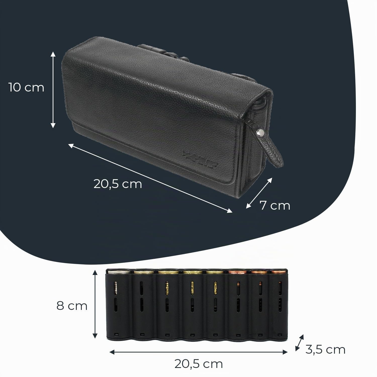 HMF Kellner Geldbörse aus Leder mit verstellbarem Gürtel, Kellnertasche mit Euro-Geldwechsler und Reißverschlussfach | 20,5 x 10 x 6,5 cm | Schwarz